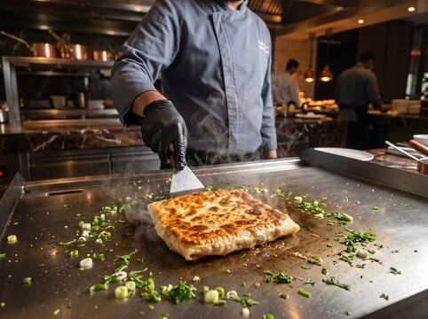 Saudi Chef Cooking Traditional Mutabbaq on Hot Griddle in Luxury Restaurant Kitchen