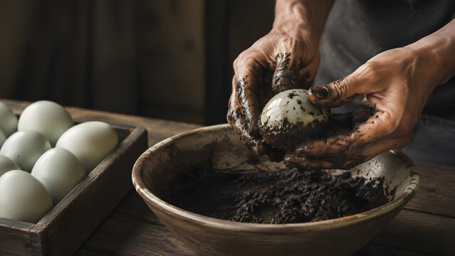 Hands Coating Egg in Clay for Traditional Preservation
