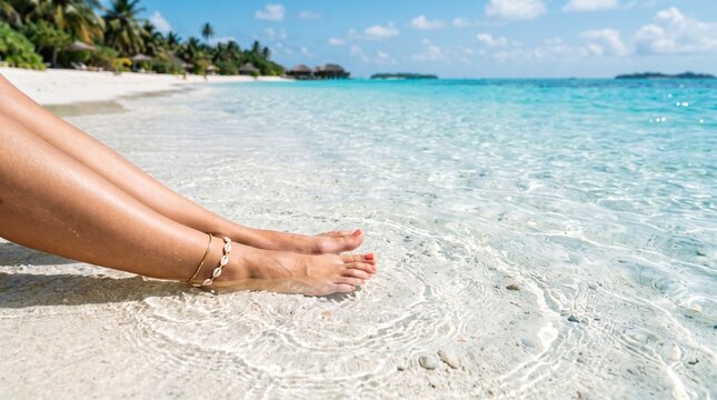 Woman's feet with anklet resting on white sand shoreline in tropical turquoise sea