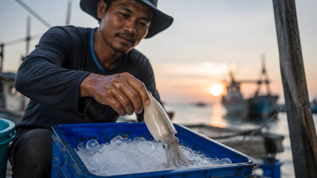 Fisherman Inspecting Fresh Fish at Coastal Harbor During Sunset