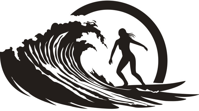 Dynamic silhouette of a female surfer riding a powerful ocean wave under an arched sun. Vector illustration for surf culture, sport, and summer themes.