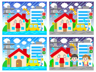Fototapeta premium 大洪水で浸水する街と家と住民のイラスト素材セット4