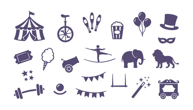 A collection of flat vector icons representing circus entertainment and carnival performance objects