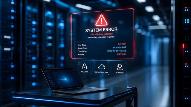 Server room laptop displaying a critical system error failure notification with error codes and diagnostic support buttons