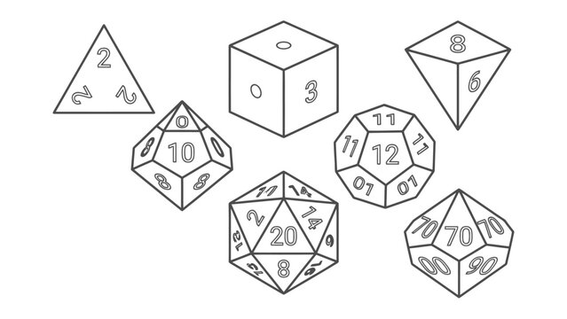 Assortment of Polyhedral Dice: A collection of various polyhedral dice, including a d20, d12, d10, d8, d6, and d4, laid out for a tabletop role-playing game.