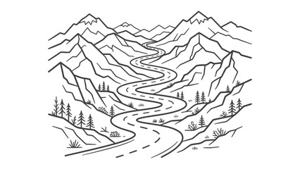 Fototapeta premium Winding Mountain Road Illustration: A stylized illustration depicts a winding road snaking through a majestic mountain range, with pine trees and rugged terrain flanking the route.