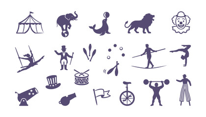 A collection of purple silhouette icons representing various circus performers and equipment © Sai-man