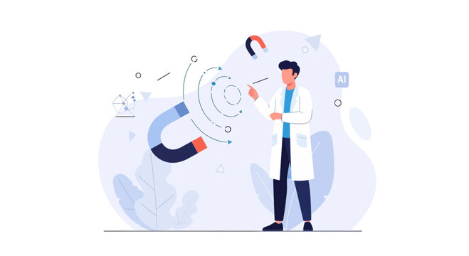Scientist experiments with magnetism and artificial intelligence, demonstrating attraction and repulsion in physics and innovation.