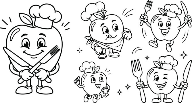 Cute apple chef mascot cartoon characters bundle set black line art vector illustration for kids food coloring book,