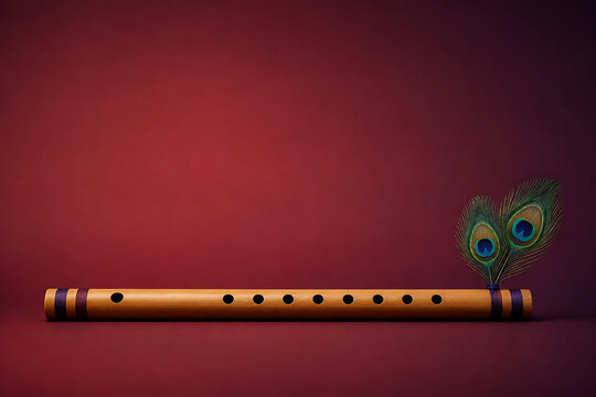 Lord krishna flute with peacock feathers displayed on deep maroon background creating elegant krishna janmashtami devotional festival concept with spacious copy area