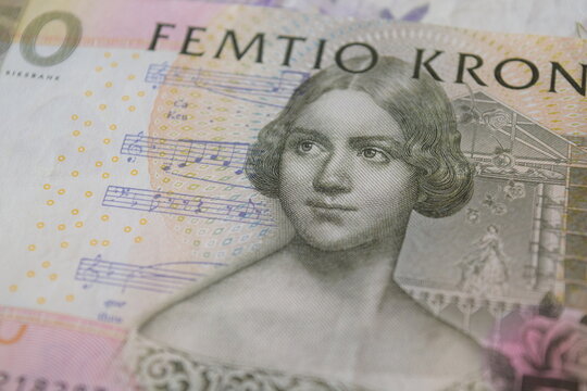 Close up of an old fifty Swedish krona banknote featuring portrait of Jenny Lind