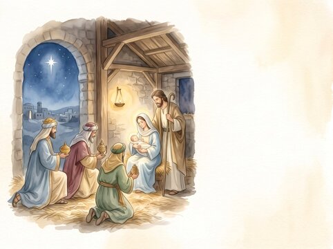 Three Kings presenting gifts to baby Jesus in nativity scene