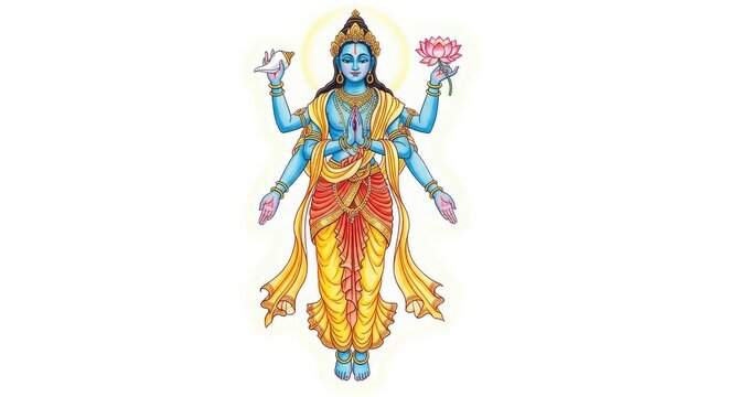 Ethereal watercolor painting of a four-armed deity with blue skin, holding a lotus and conch, floating gracefully on a white background, painting, meditation, white background