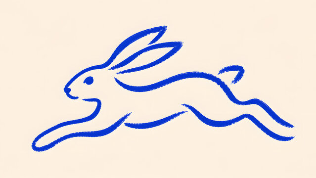 Minimalist blue line drawing of a running rabbit on a light cream background