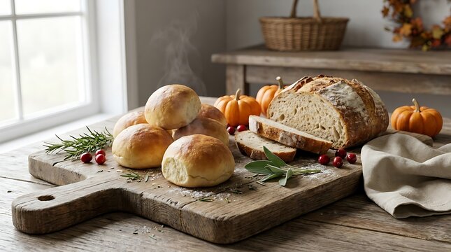 Rustic thanksgiving bread and rolls spread
