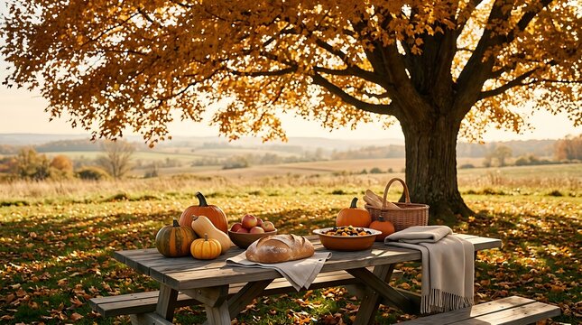 A rustic thanksgiving picnic in the golden autumn countryside