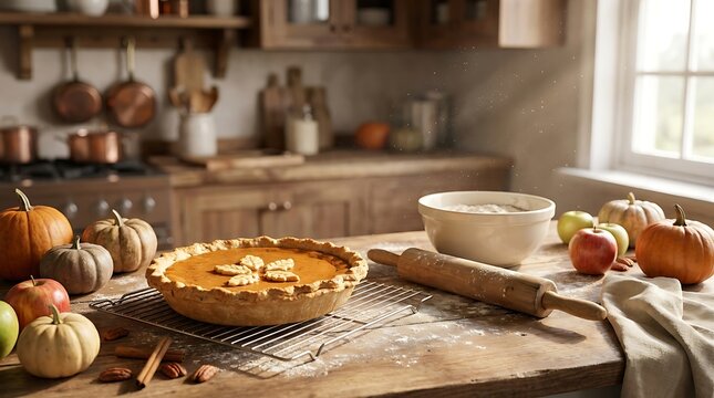 Rustic thanksgiving pumpkin pie preparation