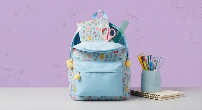 Light blue school backpack with cat pattern filled with school supplies next to a pencil holder on a purple background