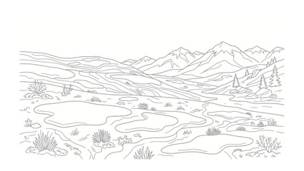 Fototapeta premium Mountain Landscape Illustration: A stylized, hand-drawn illustration depicts a serene mountain range with rolling hills, a winding river, and scattered vegetation.