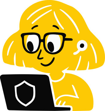 Cartoon person wearing glasses using laptop computer with shield icon for cybersecurity protection concept illustration