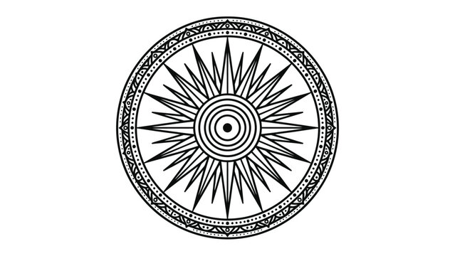 Dharmachakra - Wheel of Dharma: An intricate black and white illustration of the Dharmachakra, a symbol of Buddhist dharma and the eightfold path, representing spiritual wisdom and universal law.
