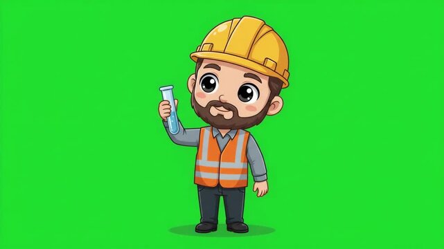 Cartoon illustration of a construction worker wearing a hard hat and safety vest, holding a test tube on a green screen background.