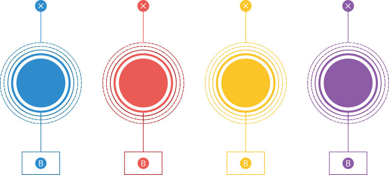 Abstract colorful infographic diagram featuring four circular step elements with thin radial lines and option text box frames vector illustration set