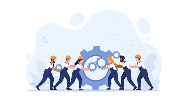 Teamwork and collaboration illustration: Diverse workers in hard hats push gears together, symbolizing unity and progress in industry and business.