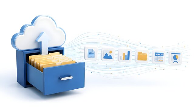 Cloud storage file upload concept with digital documents and media folders transferring into blue filing cabinet database