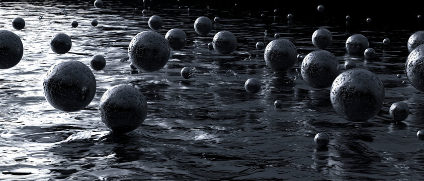 Abstract dark spheres floating on a dark textured surface. The spheres vary in size, creating a sense of depth and movement in the composition