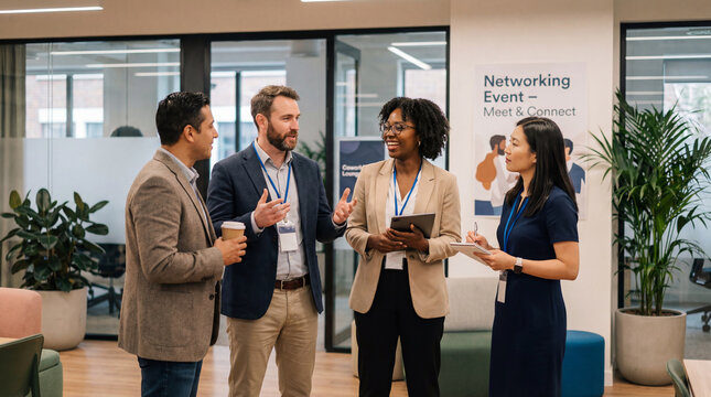 Diverse business professionals at a corporate networking event make introductions, build connections and hold conversations with conference attendees