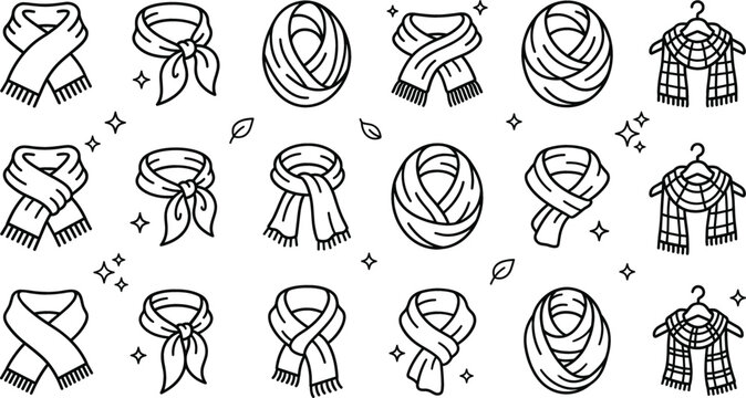 Winter scarf and neckwear line art icons set with winter neckerchief plaid wrap cowl snood hanger vector collection