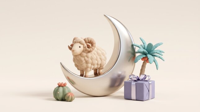 cute ram on moon with palm tree and gift box