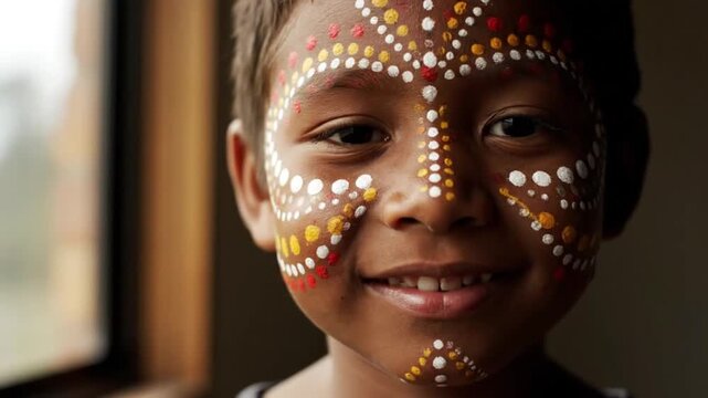Close Up Portrait of Smiling Indigenous Boy with Traditional Dotted Face Painting Looking at Camera