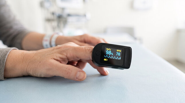 Patient's finger with pulse oximeter measuring oxygen saturation and heart rate