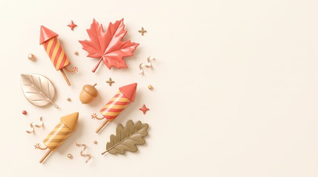 Autumn celebration background with fireworks and leaves