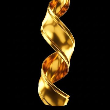 Luxurious abstract golden ribbon twisting into a fluid helix shape with a reflective metallic surface isolated on a dark black background, swirl, interior, modern