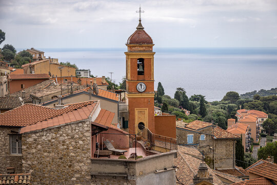 Eglise Sainte Marguerite, and views over Roquebrune-Cap-Martin, near Menton, Provence-Alpes-C&ocirc;te d'Azur, France