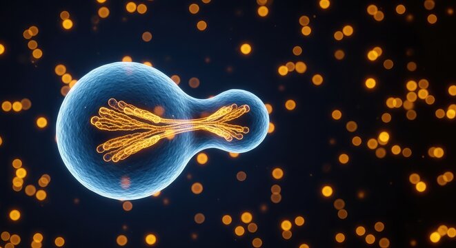 Microscopic view of a spherical cell splitting through mitosis inside a dark blue liquid environment with bright glowing particles around, particles, biology, organism