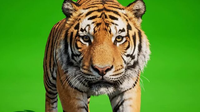 Realistic tiger walking toward camera isolated on green screen chroma key background, panthera tigris