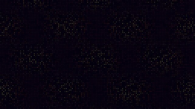Digital grid pattern featuring glowing yellow and red particle lights shifting in rhythmic motion across a dark screen backdrop in this high quality abstract motion footage