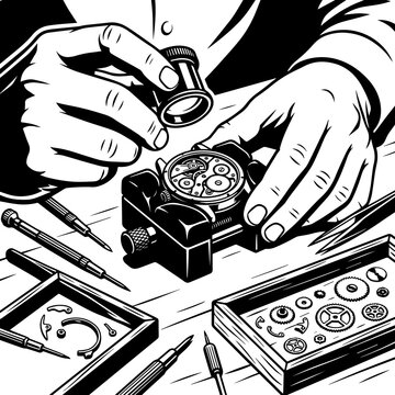 Watchmaker examining watch movement gears with loupe at workbench