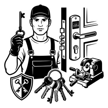 Professional locksmith holding key with door locks and tools vector illustration
