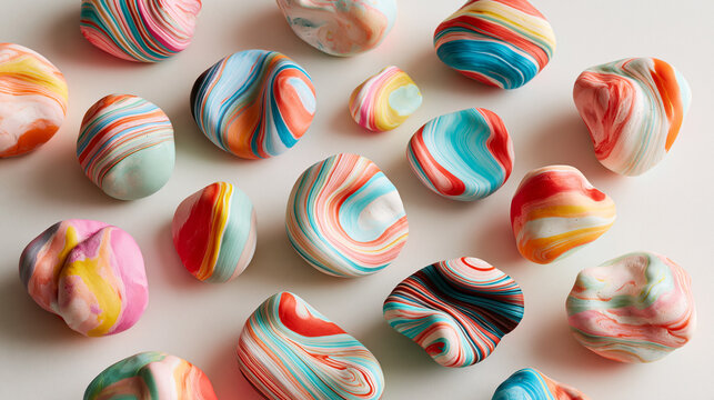 Abstract Colorful Marbled Clay Pebbles Scattered on a White Background