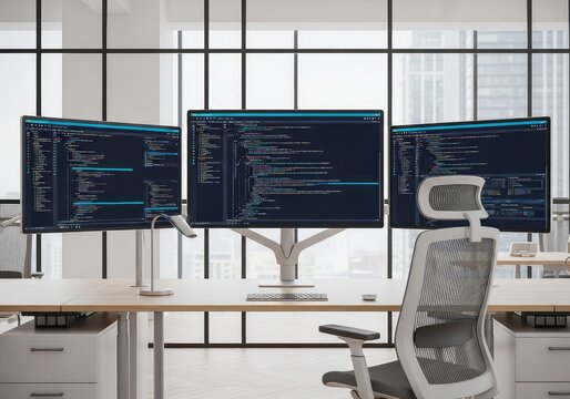 Multiple computer monitors display complex lines of source code inside a bright contemporary workspace featuring ergonomic furniture and glass, data, script, css