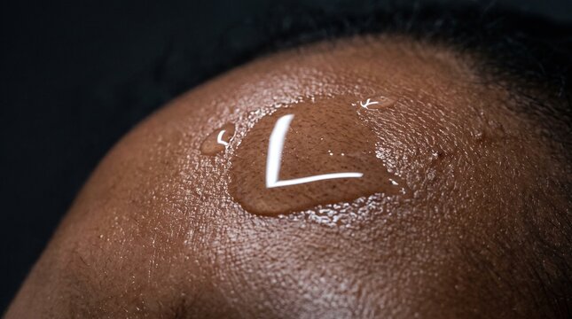 Sweaty forehead with letter L symbol, loser sign on wet skin of black man, concept of failure and defeat, close up of perspiring human head