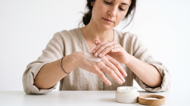 Woman applying moisturizer cream to her hands for skincare and hydration