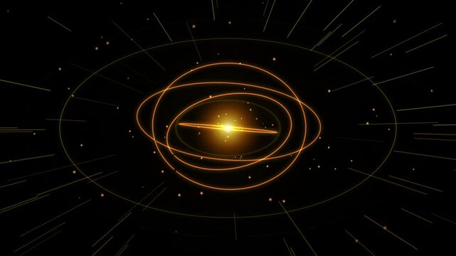 Abstract futuristic particle generator rotating bright golden orbit rings with shining star center on cosmic dark background as dynamic motion design footage.