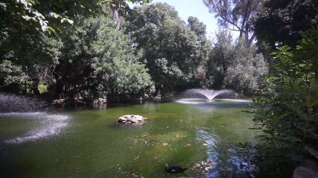 View of fountain and pond in Parque de Mari&shy;a Luisa on a sunny day, Seville, Andalusia, Spain