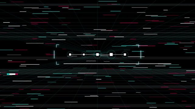 Abstract futuristic digital data stream with glowing neon lines and glitch effect in dark cyberspace.